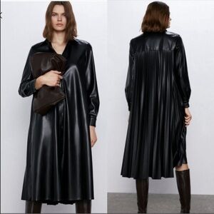 Zara black faux leather midi dress NWT